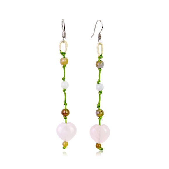 Sandy's Handmade Jewelry Jewelry - Lovely Rose Quartz Heart and Triple Beads Gemstone Earrings